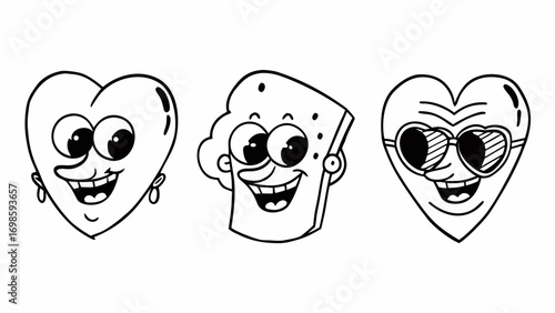 Three cartoon faces with exaggerated features in black and white line art with happy expressions created with generated ai 