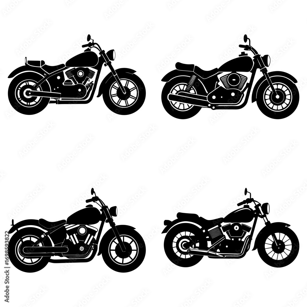 Obraz premium Four black motorcycle silhouettes arranged on a white background in a symmetrical and balanced composition