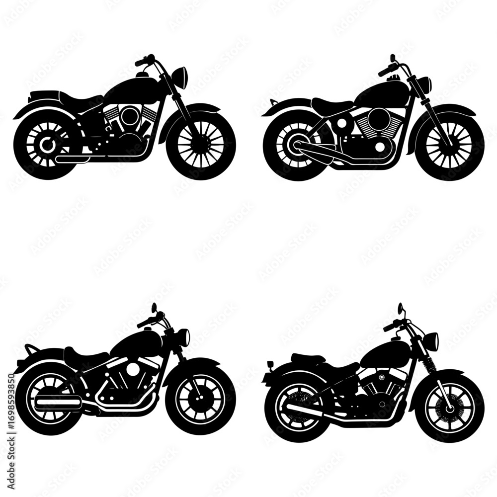 Obraz premium Four silhouette style motorcycles with round headlights and detailed wheels and engines are displayed