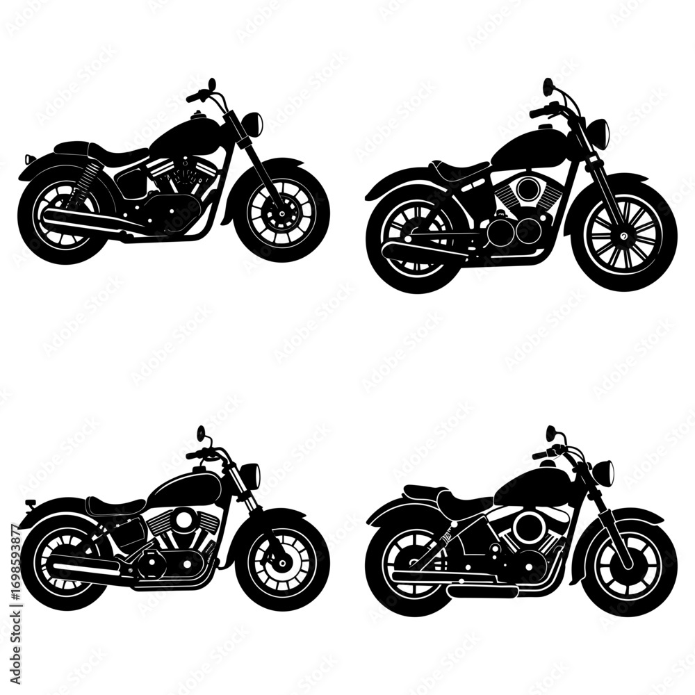 Obraz premium Four black motorcycle silhouettes showcasing different designs and styles on a white background layout