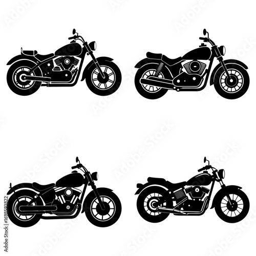 Four black motorcycle silhouettes arranged on a white background in a symmetrical and balanced composition