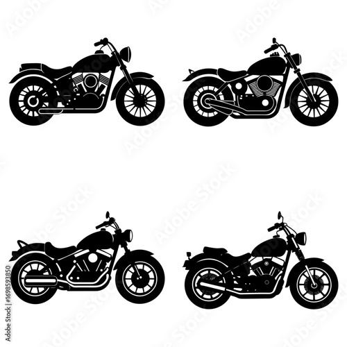 Four silhouette style motorcycles with round headlights and detailed wheels and engines are displayed
