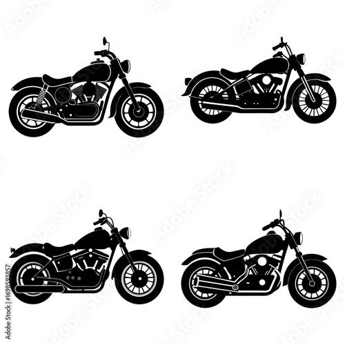 Four black motorcycle silhouettes displayed in a square arrangement on a white background image