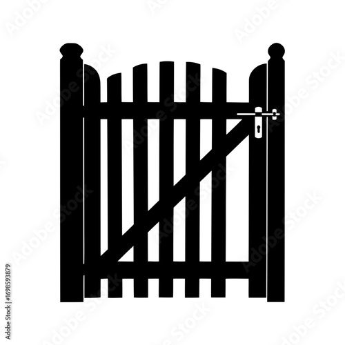 Black wooden garden gate silhouette isolated on white background