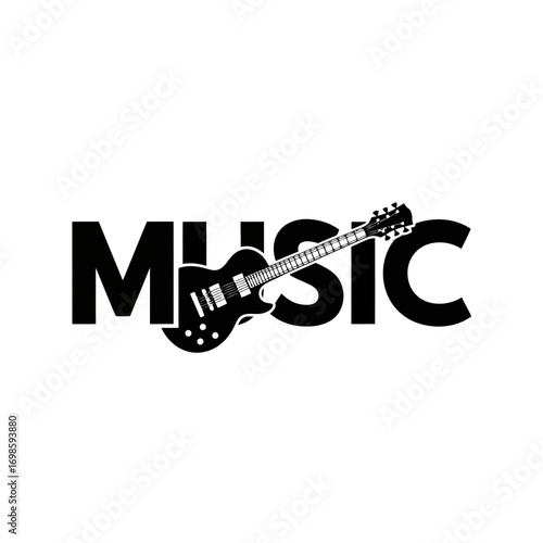 Music text with electric guitar silhouette isolated on white background