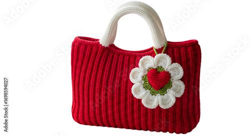 Red knitted handbag with heart flower, cozy charm