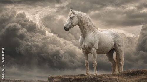 an ethereal white horse standing majestically against a backdrop of storm clouds
