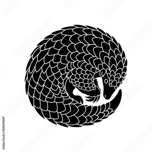 Black pangolin curled up silhouette isolated on white background