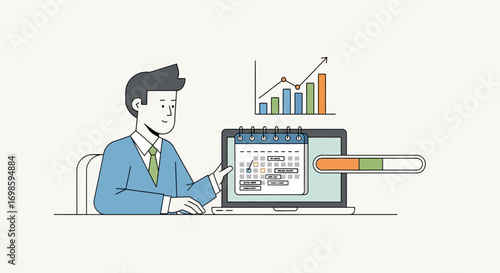 Cartoon man in suit pointing at a calendar on a laptop screen with a progress bar and a rising graph, representing project management and deadlines.