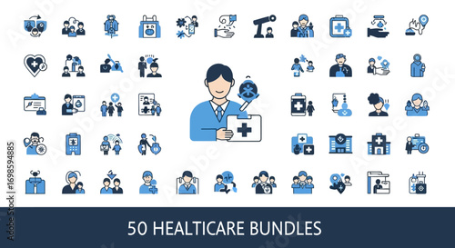 Collection of fifty diverse healthcare icons, depicting medical professionals, patients, facilities, and services.