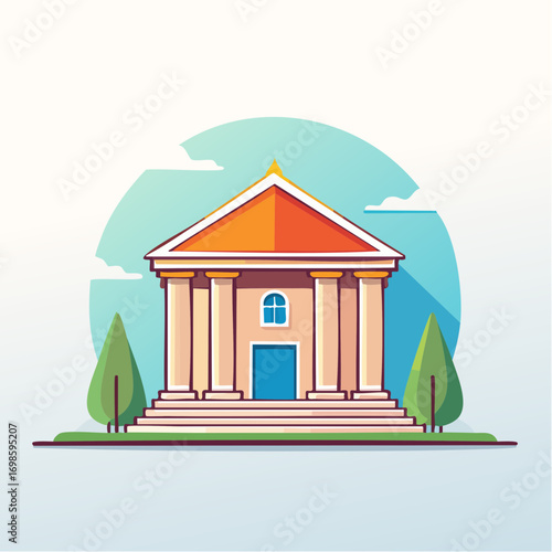 Stylized vector illustration of a neoclassical building with vibrant colors and clean lines
