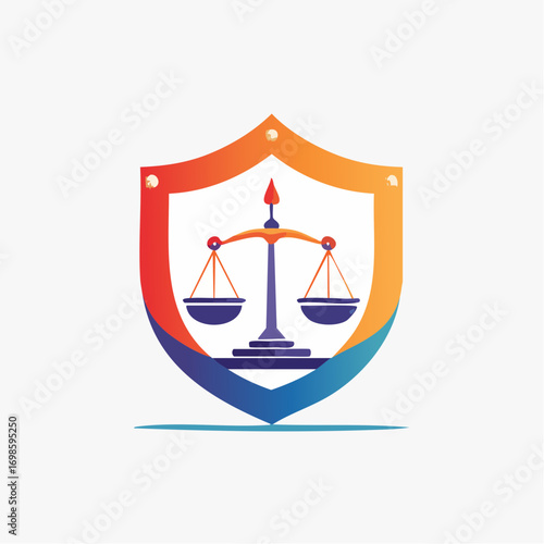 Symbol of justice balanced scales emblem inside a shield of law and protection