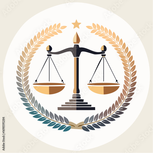 Symbol of justice featuring balanced scales and laurel wreath conveying legal integrity and equity