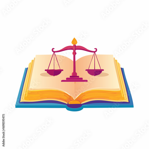 Symbolic depiction of justice through scales balanced on an open law book concept