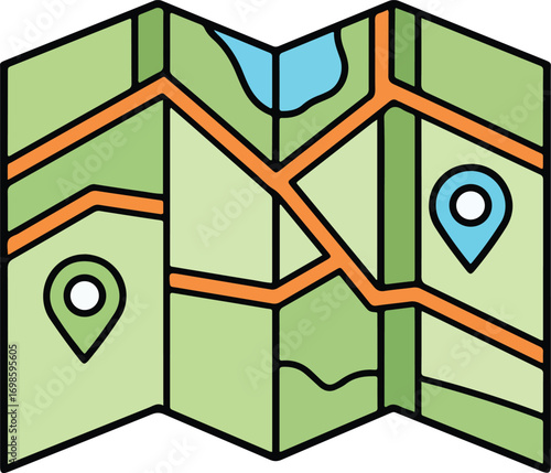 Flat Style Detailed Folded Paper Road Map with Marker Illustration