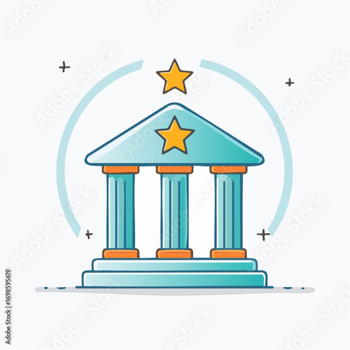 Symbolic illustration of a stylized government edifice evoking concepts of finance and justice