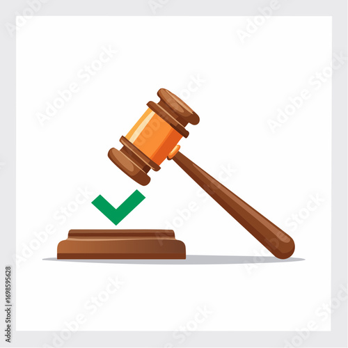 Symbolic judgement: gavel resting near acceptance mark evoking legal approval concept