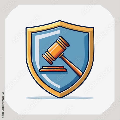 Symbolic justice representation with a gavel against a shield, law and order concept
