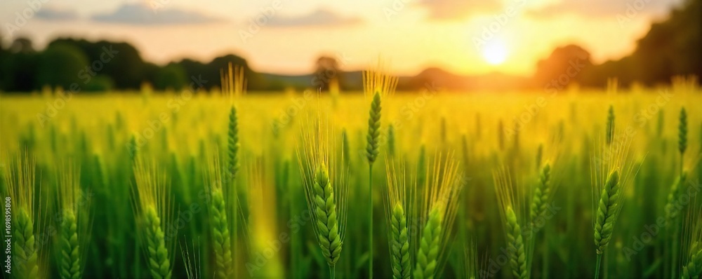 Fototapeta premium Golden hour sunlight bathes a lush green field of ripening wheat, ready for harvest The summer air is still and warm, promising a bountiful crop , harvest time, green, july