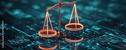 A digital depiction of a balanced scale symbolizing justice, set against a high-tech background of glowing circuitry.