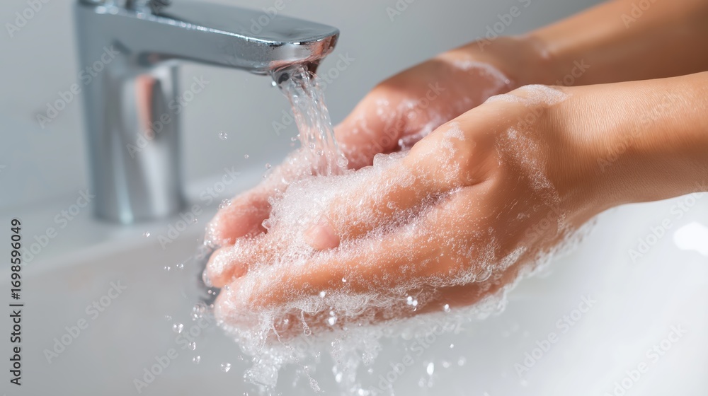 Fototapeta premium Close-Up of Woman Washing Hands with Soap Under Running Water in Bathroom Sink on White Background, Personal Hygiene and Skin Care Concept 