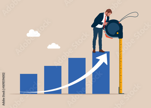 Businessman using measuring tape to measure bar graph. Growth in investment, financial operations, investment. Accuracy and measurement. Flat vector illustration