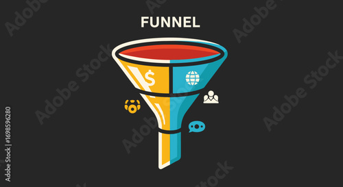Marketing sales funnel graphic illustrating customer journey from awareness to conversion.