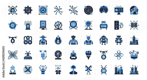 Collection of blue and black vector icons representing technology, robotics, artificial intelligence, and futuristic concepts on a white background.