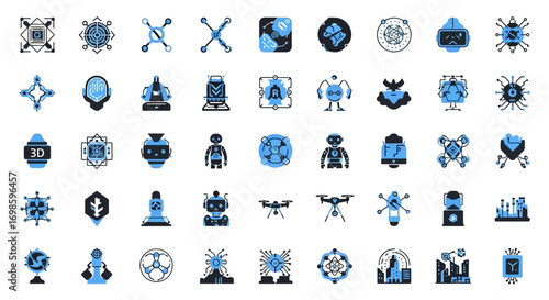 Collection of flat design icons depicting various futuristic technologies and robotic elements.