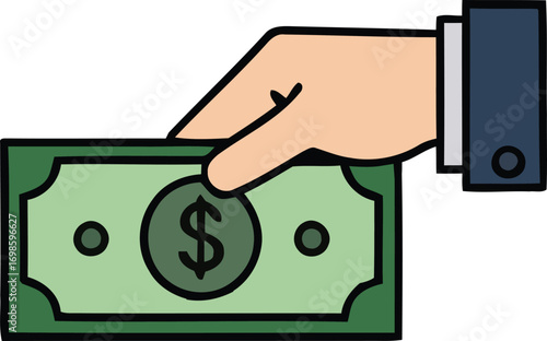 Colorful graphic illustration of a hand holding a dollar bill, representing financial transactions, payment, and money exchange, clearly depicting core finance concepts