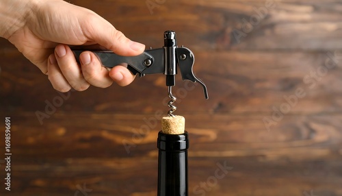 A hand using a corkscrew to open a wine bottle
