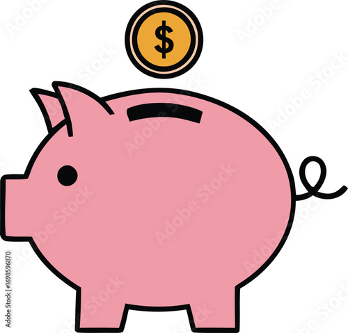 Savings concept with pink piggy bank and golden coin for future finance