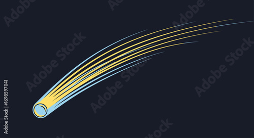 Stylized illustration of a comet streaking across a dark blue background, leaving a bright yellow and light blue trail.