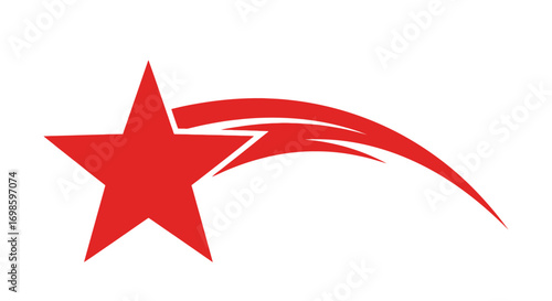 A red star with a curved trail emanating from its right side, suggesting movement or a shooting star effect, on a white background.