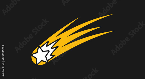 A stylized illustration of a white star with a yellow fiery tail streaking diagonally across a dark background.