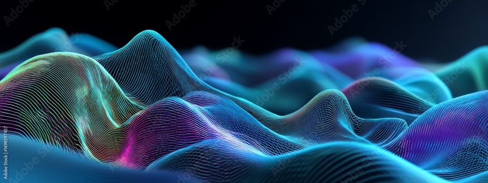 Naklejka premium Vibrant Neon Mesh Waves Blending with Frosted Glass Texture in Abstract Art Design