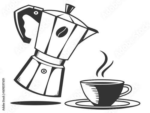 Coffee Maker with Cup Vector – Italian Moka Pot Illustration for Cafe and Kitchen Design