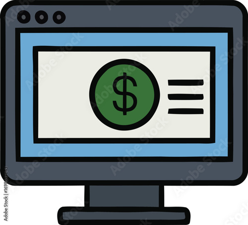 Financial Application Illustration Monitor Displaying Currency and Business Transactions on a Screen