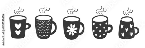 Fun collection of five hot drink cups with unique decorative designs. Perfect vector for kitchen wall art, mugs, digital prints and coffee culture promotions.