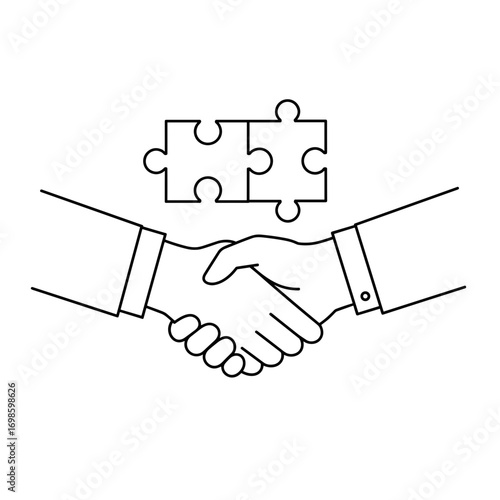 Hands shaking with puzzle pieces symbolizing collaboration and agreement  