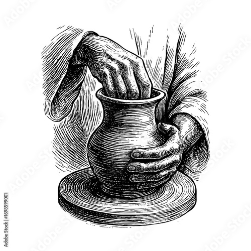 A potter shaping a clay pot by hand on a wheel, embodying craftsmanship and biblical symbolism