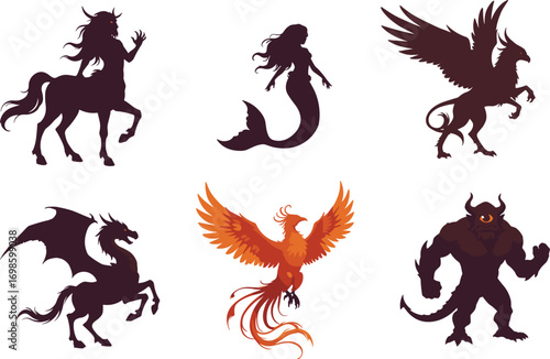 Dark mythical creatures including centaur, mermaid, griffin, dragon, phoenix, and cyclops, fantasy characters for storytelling, games, and art designs