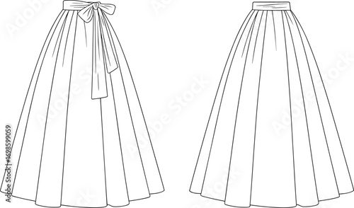 Elegant long pleated skirt fashion flat sketch, front and back views, detailed bow waist design, technical drawing for apparel designers