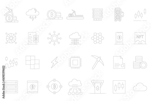 Cryptocurrency Mining Technology Outline Icon Set Blockchain, Rig, Server Vector Pack