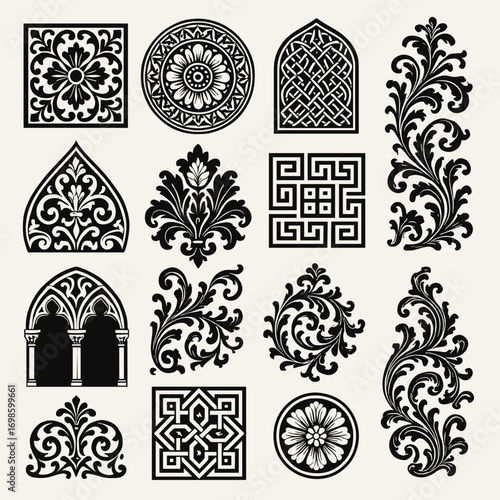 Elegant vintage decorative patterns in black and white style and copy space