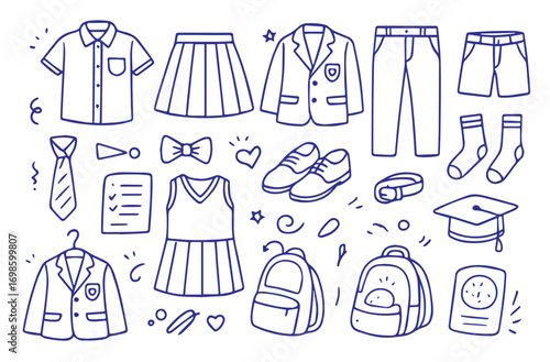 Hand-drawn doodle vector set, clean sketch style outline, school uniforms theme, Editable Formats: AI, EPS, JPG, Ideal for Both Digital and Print Use
