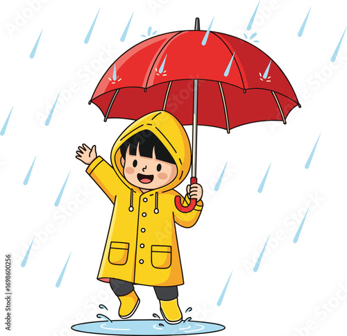 Cartoon child in yellow raincoat holding red umbrella, standing in puddle, enjoying rainy day, smiling and waving, playful weather scene, flat vector illustration