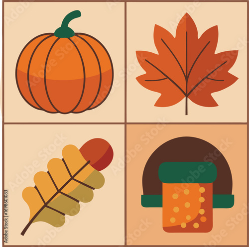 Autumnal Elements In Four Square Panels On Beige Background