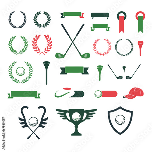 Golf and Golfing Vector Illustration Set,  Vector Collection Featuring Sport Elements, Clubs, Balls, Flags, Tees, and Accessories for Recreation, Tournament, and Graphic Design