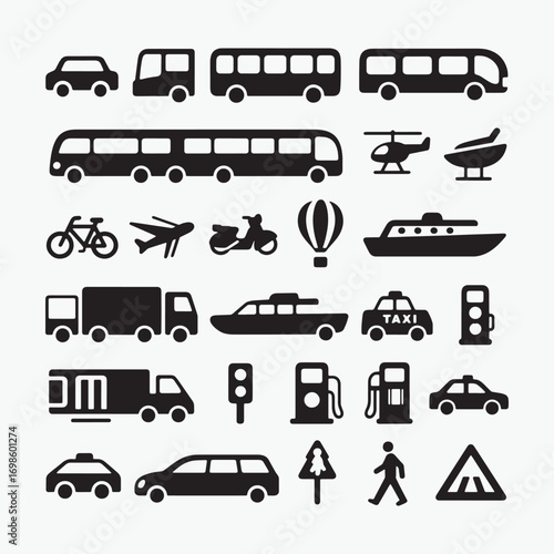 Collection of diverse transportation vehicle icons and symbols on a white background